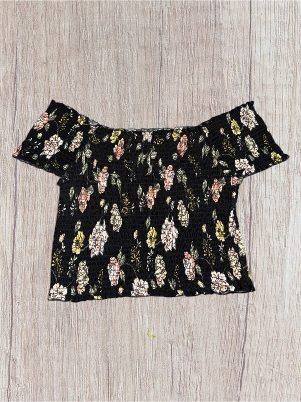 Women's Black Floral Off-Shoulder Smocked Top